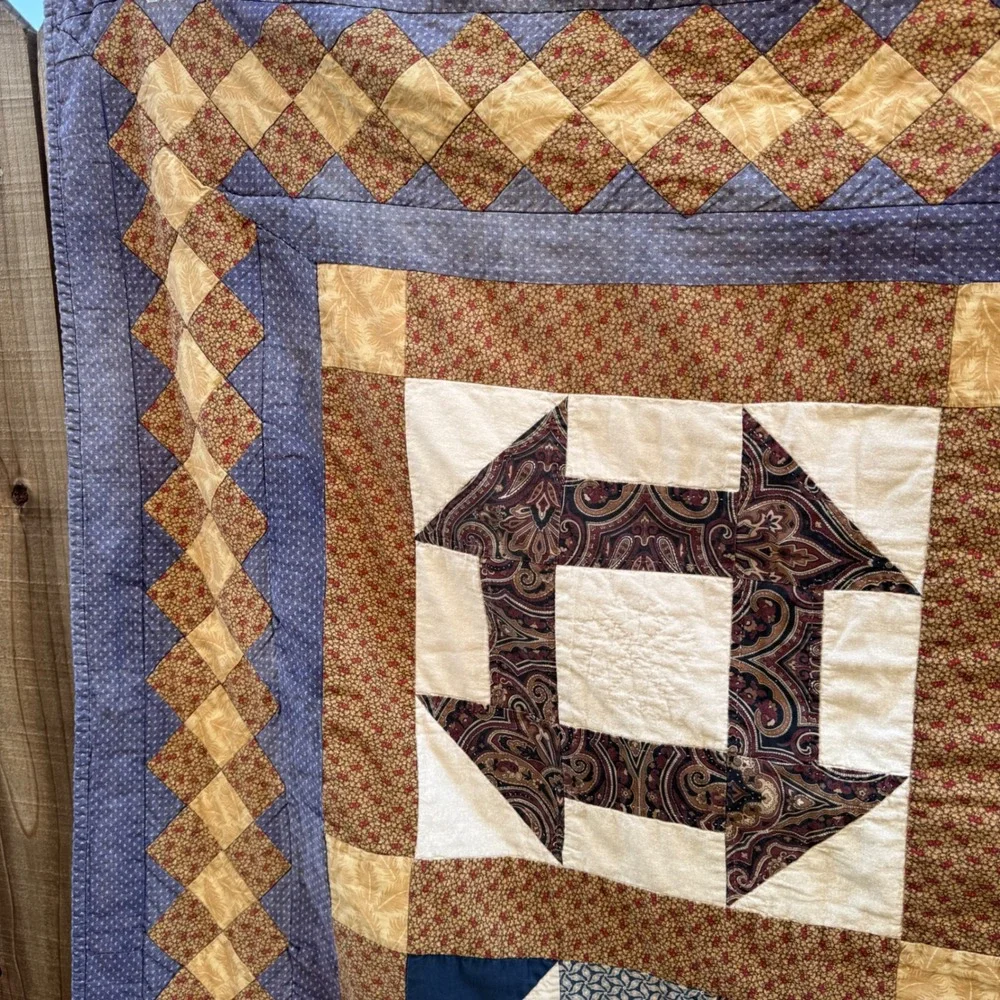 Vintage Patchwork Sampler Quilt Blanket Blue Brown Cotton Star Paisley Americana